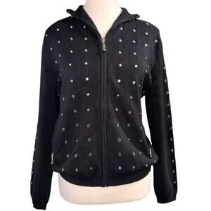 Jamie Sadock Cardigan Women's Black Grommet Eyelet Full Zip Sweater - Medium